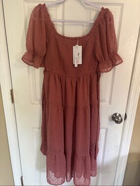 Merokeety Smocked Puff-Sleeve Midi Dress in Dusty Rose NWT